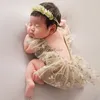 Newborn Photography Props Suit Lace Romper Hat Pillow Headband Set Knit Outfits Clothing Infants Shooting Photo Gifts LJ201105