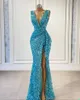 2022 Nieuwe Glanzende Pailletten Celebrity Jurk Diepe V-hals Korte Mouwen Mermaid Glitter Split Side Avondjurken Red Carpet Prom jurken Ee