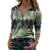 Women Vintage Geometric Print Blouse Shirt Spring Autumn Casual Long Sleeve Pullover Tops Ladies 3XL Elegant V Neck Loose Blusa