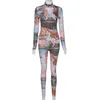 Yoosula automne femmes motif imprimé col roulé à manches longues combinaisons mode salopette extensible 2 pièces vêtements de sport tenue décontractée
