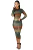 Vintage Long Sleeve Kleid Fashion Casual Women Stand Collar Striped Gradientenkleider