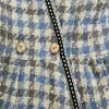 2020 Lente Herfst Lange Mouw V-hals Blauw Plaid Tweed Beelden Buttons Korte Jurk Damesmode Jurken S2718226