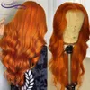 Pomarańczowy kolor imbiru 13x6 Przód przedechowany brazylijskie faluje ludzkie włosy Blueless 180 gęstość Remy koronkowe peruki czołowe3467240