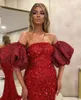 2021 Sparkly Dark Red Pailletten Prom Dresses Afneembare Overskirt Mermaid Korte Mouwen Avond Feestjurken Formele Gelegenheid Dragen Vestidos