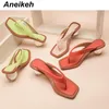 Aneikeh 2020 NEW Women Summer Sandals Clear Mixed Colors Transparent Med Round Heel Open Toed Slipper For Party Shoes Pumps 43 C0128