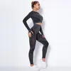 2021 Femmes Ensemble de yoga sans couture Squat preuve taille haute Gym Mesh Leggings Chemises Costume Hauts à manches longues Fitness Entraînement Sports Sets3858216