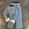 DEAT ATUMN NYCKRIVALER Långt tofs ärmstruvor Single Button Denim Kort jackethigh midja full jeans Tvåverk Set Women Mk359 201119