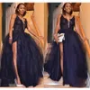 Sexy Long Black Tulle Prom Dresses Side High Split Sleeveless Spaghetti Straps Plus Size Formal Evening Gowns Appliques Lace Cocktail Party