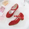 Ulknn Kids High Heel Buty Dziewczyny Skórzany Kwiat Dorywczo Różowy Glitter Dzieci Motyl Knot Rozmiar 26-38 220211