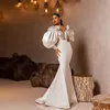Elegant Long Puffy Sleeve Mermaid Evening Dresses For Women 2022 Deep V-Neck Plus Size Formal Party Gowns Beaded Ruffle Top Sweep Train Satin Prom Dress