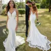 2022 Boho Mermaid Suknie ślubne suknia ślubna Paski spaghett koronkowe aplikacje zamiatanie Tiulle Iluzja