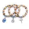new arrive Virgin Christ Cross Bracelet Wood Plastic Beads Strand Bracelet For Men Women Religious Jewelry