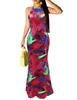 Women's Sleeveless Halter Neck Hollow Out Vintage Floral Print Party Beach Evening Long Maxi Dress