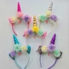 Glitter Metallic Unicorn Headband Girls Szyfonowe Kwiaty Hairband Dla Dzieci Liść Kwiat Jednorożec Horn Party Akcesoria do włosów