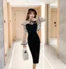 2021 Sexig Balck sjöjungfru Spring Fashion Flare ärmar Polka Dot Mesh Patchwork Dress Women High midjepaket Hip Pencil Party