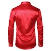 Men's Slim Fit Silk Satin Dress Shirts Wedding Groom Stage Prom Shirt Men Long Sleeve Button Down Shirt Male Chemise Homme Red C1222