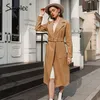 オフィスレディキャメル秋の女性ウールコートハイストリートファッション長袖コートベルト付きエレガントなポケットアウトウェア20122222