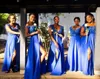 Royal Blue Bridesmaid klänningar En linje ren nackapplikationer Chiffon Long Maid of Honor -klänningar Hög delad kvällsfest klänning plus siz254f