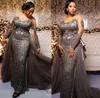 Size Plus Arabic Aso Ebi Grey Sparkly Mermaid Prom Dresses Lace Beaded Evening Formal Party Second Reception Birthday Engagement Gowns Dress ZJ