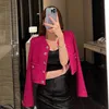 2022 New Spring Fashion Women 's O-Neck Long Sleeve Rose Color Tweed Tweed Short Jacket Coat High Waist Casacos SML2636