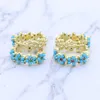 Boucles d'oreilles en forme de cerceau pour femmes, bijoux couleur or, ensemble de broches, pierre turquoise bleue, fleur, nouvelle mode printemps 2021