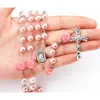 10 pçs moda religiosa simulada pérola contas roxo rosa católico rosário colar feminino longo fio colares jesus jóias presente 242s