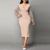 Casual Sukienki Jesień Sukienka Kobiety 2021 Plus Size Slim Office Ołówek Bodycon Elegancki Sexy V-Neck Hollow Out Długa impreza