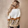 Mode Leopard Patchwork Autumn Winter Ladies Sticked tröja Kvinnor O-Neck Full Sleeve Jumper Pullovers Top Khaki Brown 2010303030