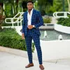 Mode Blue Damier Check Mens Suits Slim Fit Bröllop Tuxedos Notched Lapel Formell Blazer Custom Made Prom Suit (Jacket + Byxor)