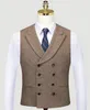 Dubbelbröst brudgum Västar Bröllop Brown Wool Herringbone Tweed Groomsmen Västar Mäns kostym Party Prom Farm Country Waistcoat Navy Blue