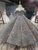 2021 Lyx Silver Bling Sequin Girls Pageant Klänningar Puffly Off The Shoulder Ruched Flower Girl Dresses Ball Gowns Party Dresses for Girls