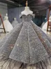 Sier Bling paljettmål Puffly från axeln Ruched Flower Girl Ball Gowns Party Dresses for Girls 403