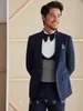 New Arrival Navy Blue Groom Tuxedos Peak Lapel Slim Fit Groomsman Wedding 3 Piece Suit Popular Men Business Prom Jacket Blazer(Jacket+Pants+Tie+Vest) 1812