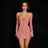 BoozRey Sexy Lace Up Maille Creuse Mini Robe Pour Femmes Night Club Party Robe Moulante Coupe Basse Halter Solide À Manches Longues Robe Rose Y220214
