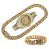 Orologi da polso Orologi completamente ghiacciati Orologi da uomo in oro Catene a maglie cubane Bracciale Collana Girocolli Club Bling Gioielli di moda per set di orologi