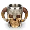 Caneca de Crânio de Aço Inoxidável Viking Ram Horned Pit Senhor Guerreiro Cerveja Stein Caneca Café Chá Copo Balloween Bar Bebida Presente Y200106