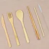 7Pcs/Set Wooden Dinnerware Set Bamboo Teaspoon Fork Soup Knife Catering Cutlery Set with Cloth Bag Kitchen Cooking Tools Utensil