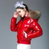 Punk Women Winter Red Down Giacca in cotone New Fashion Glossy Bianco Bianco Con Cappuccio Fresh Shiny Big Big Fur Warm Parkas Lady Coat 201126