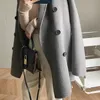 Women's Double-Breasted Wool-Blend Coat Turn-down Collar Long Sleeve Solid Color Jacket with Pockets 201215