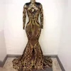 2021 Bling Luksusowe Długie Rękawy Prom Dresses Mermaid High Neck Holidays Graduation Wear Black Gold Cekiny Wieczorowe Suknie Party Custom Made