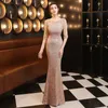 EDC8 Elegant Maxi Jurk Gold Sequin Avondjurk Dames Formele Lange Mouw Beads Party Prom Dresses