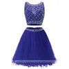 2022 Sexig mode två stycken kristall sequins mini prom klänningar med beading tulle plus storlek homecoming cocktail parti speciell tillfälle klänning vestido fiesta bh09