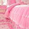 Korean style pink Lace bedspread bedding set king queen size 4pcs Rose Print princess duvet cover bed skirts bedclothes cotton hom8912077