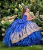 Royal Blue Satins 2022 Vestidos de 15 Años Blue Quinceanera Платья Кружева Оркена Органза Мексиканская Девочка XV Брейф