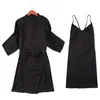 Kvinnor 2st Kimono Robe Gown kostym Sexig V-Neck Backless Nightdress Höst Solid Nightgown Rayon Night Klänning med Belt Bathrobe1