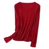 Suyadream 여성 기본 셔츠 진짜 실크 T 셔츠 단단한 긴 소매 O 넥 건강한 탑 가을 겨울 와인 201125