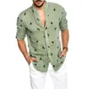 Moda uomo Casual Camicie fenicottero stampate Cotone sociale Lino Slim Fit Estate Colletto coreano hawaiano Manica lunga Uomo Business C1210
