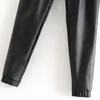 AACHOAE женщины черные шикарные PU кожаные брюки упругая талия длинная длина элегантные днища галстуки емкости базовые женские брюки 201031