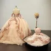 Różowe złoto świecąca suknia balowa sukienki na Quinceanera długie rękawy Off the Shoulder aplikacja z cekinami słodka 16 sukienka ubrania imprezowe
