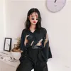 Cheerart Autumn Vintage Japanese Blouse Women V Neck Loose Top Femme Crane Print Black Fall Blouse Clothing 201202